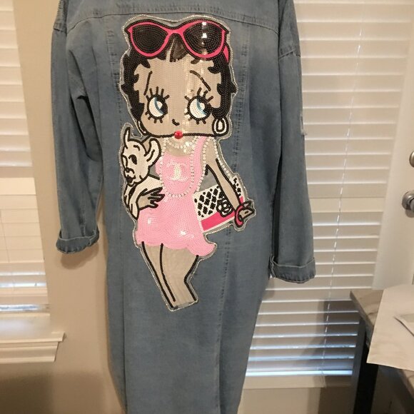 I AM BETTY BOOP Handmade Long Distressed Denim Jacket Showstopper Large Jac1 - Picture 1 of 15